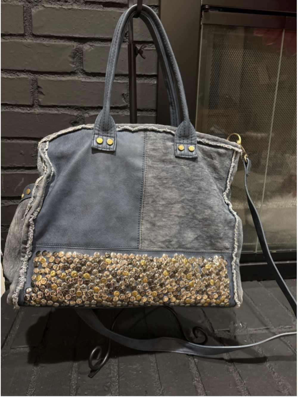 Women's Antik Kraft Blue Studded Denim Tote Bag One Size